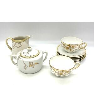 Vintage Nippon Hand Painted Lot of 2 Tea Cups 5 Saucers Creamer & Sugar Bowl